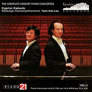 Album cover art for The Complete Mozart Piano Concertos Vol. 5 - No. 8, K. 246 (lützow), No. 14, K. 449 & No. 15, K. 450